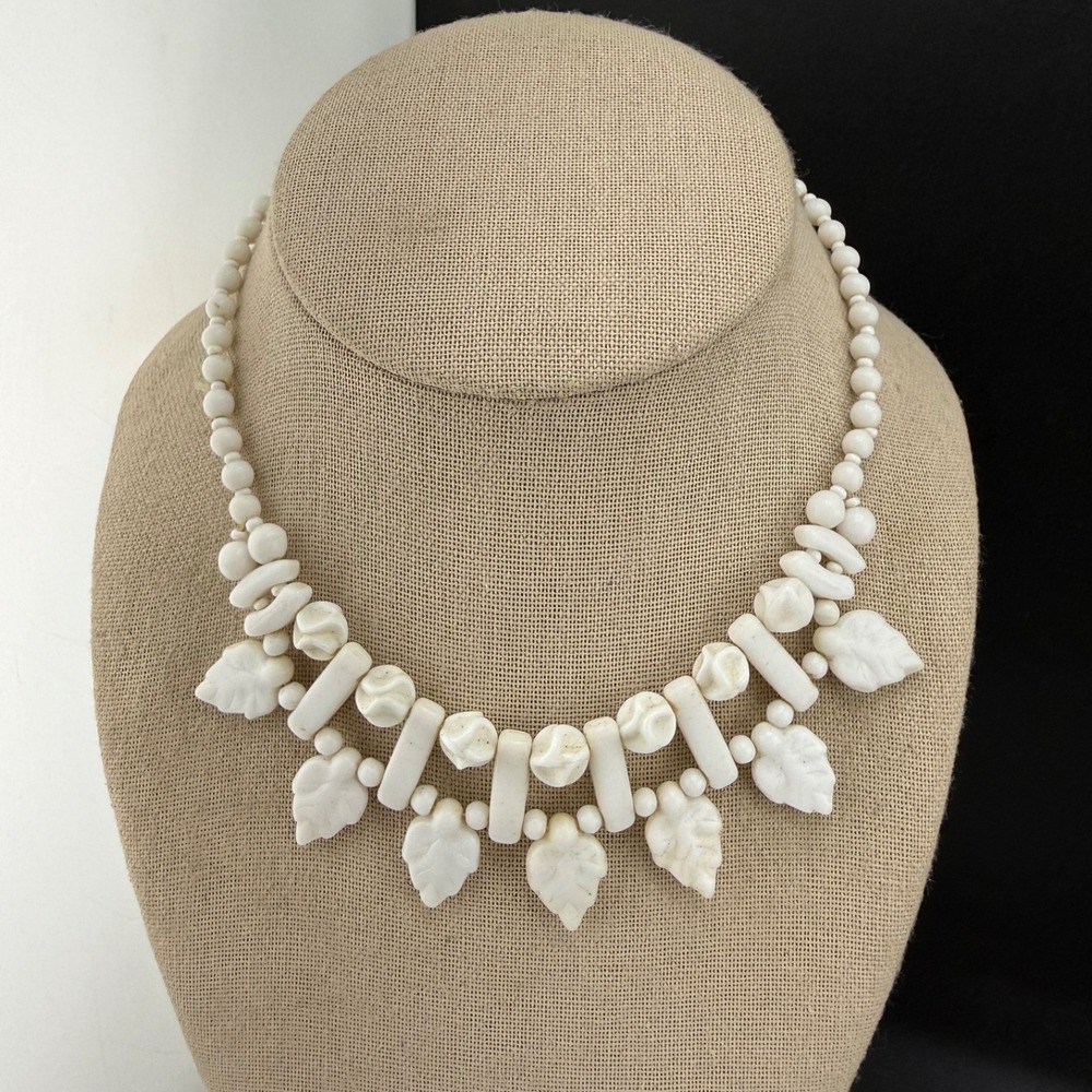 Vintage West Germany Necklace White Milk Glass Leaf Beaded Statement 14”